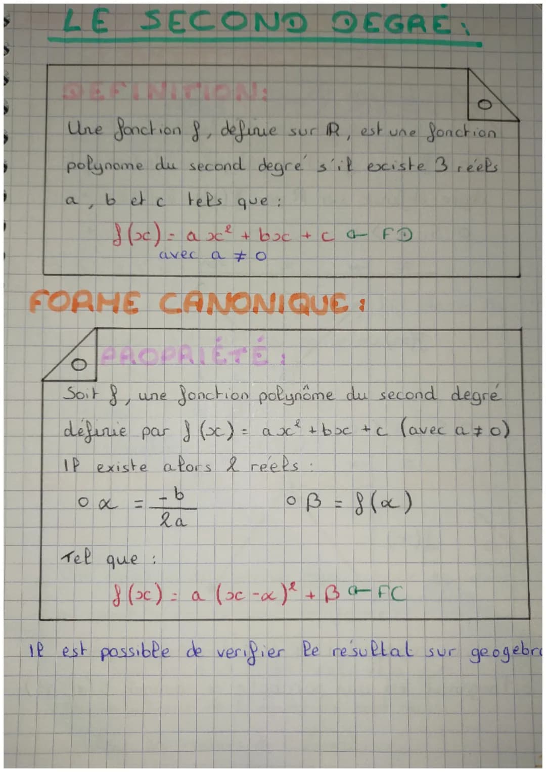 LE SECOND DEGRE
Une fonction f, definie
sur R, est une
fonction
polynome du second degre s'il existe 3 réels.
bet c
tels que :
} (x) = ax² +