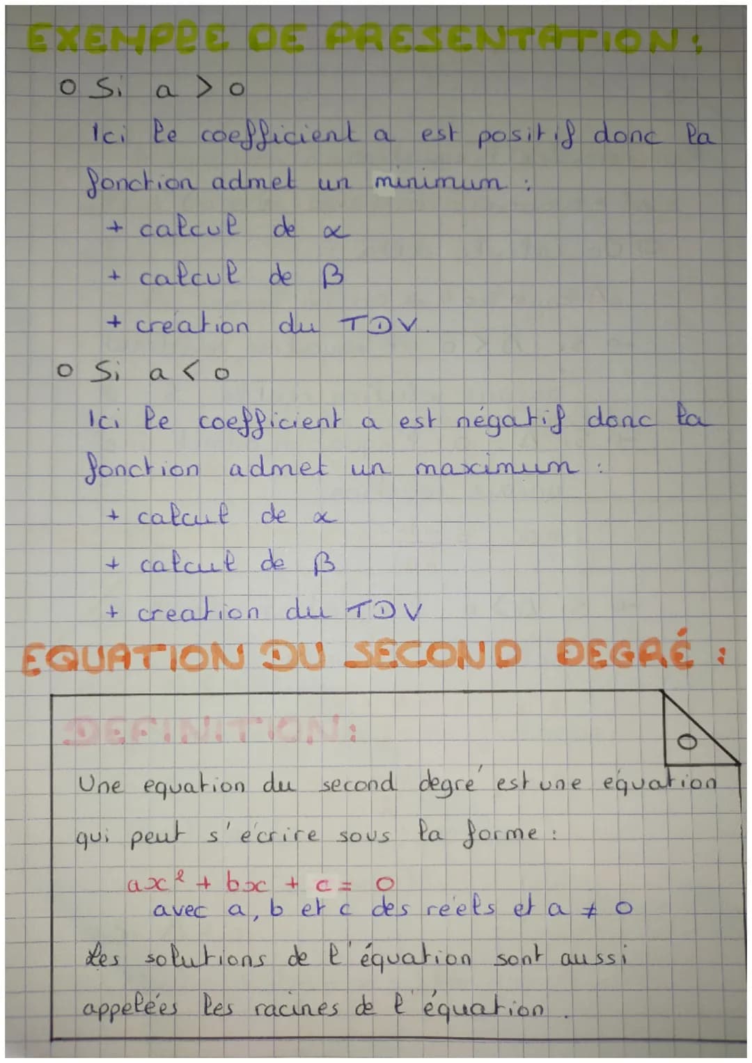 LE SECOND DEGRE
Une fonction f, definie
sur R, est une
fonction
polynome du second degre s'il existe 3 réels.
bet c
tels que :
} (x) = ax² +