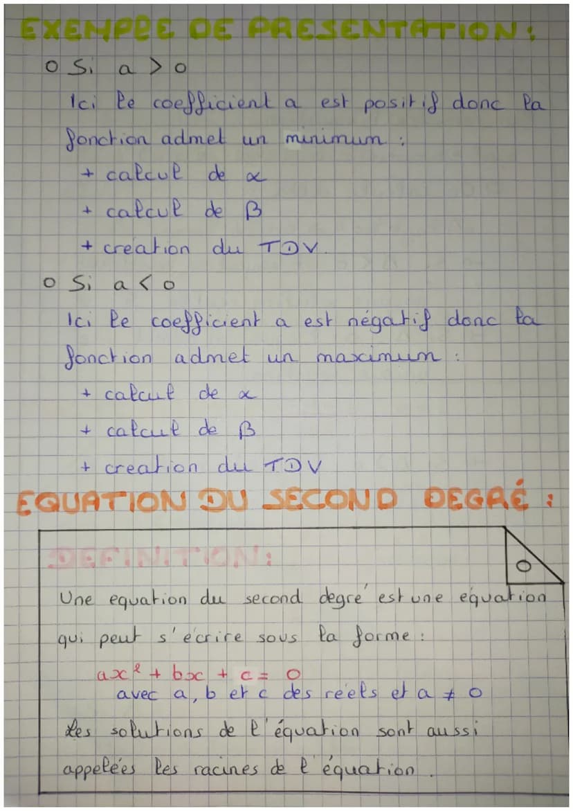LE SECOND DEGRE
Une fonction f, definie
sur R, est une
fonction
polynome du second degre s'il existe 3 réels.
bet c
tels que :
} (x) = ax² +