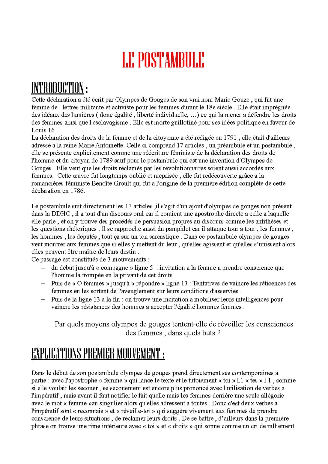 explication linéaire du postambule , Olympes de gouges 