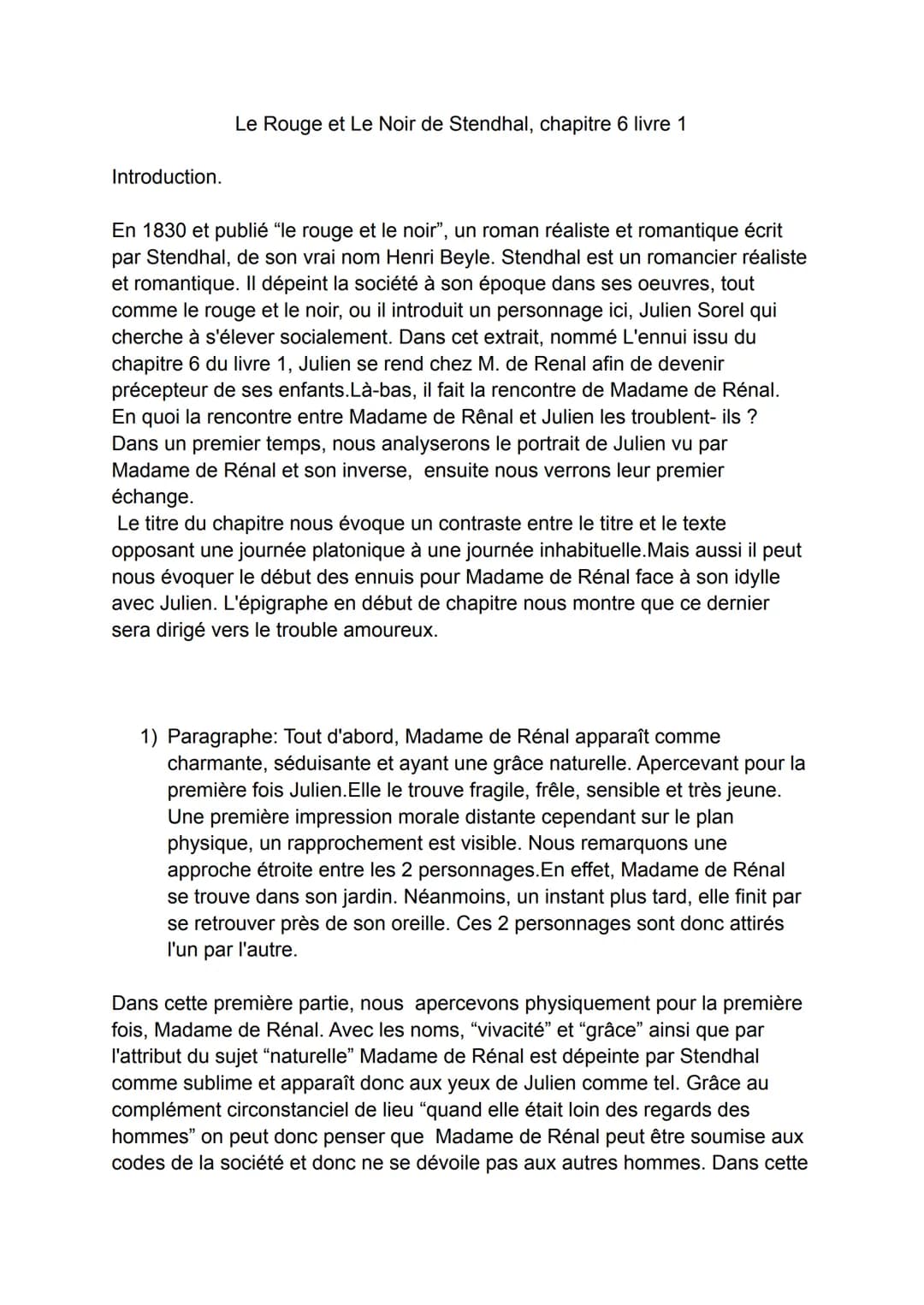 Introduction.
Le Rouge et Le Noir de Stendhal, chapitre 6 livre 1
En 1830 et publié "le rouge et le noir", un roman réaliste et romantique é