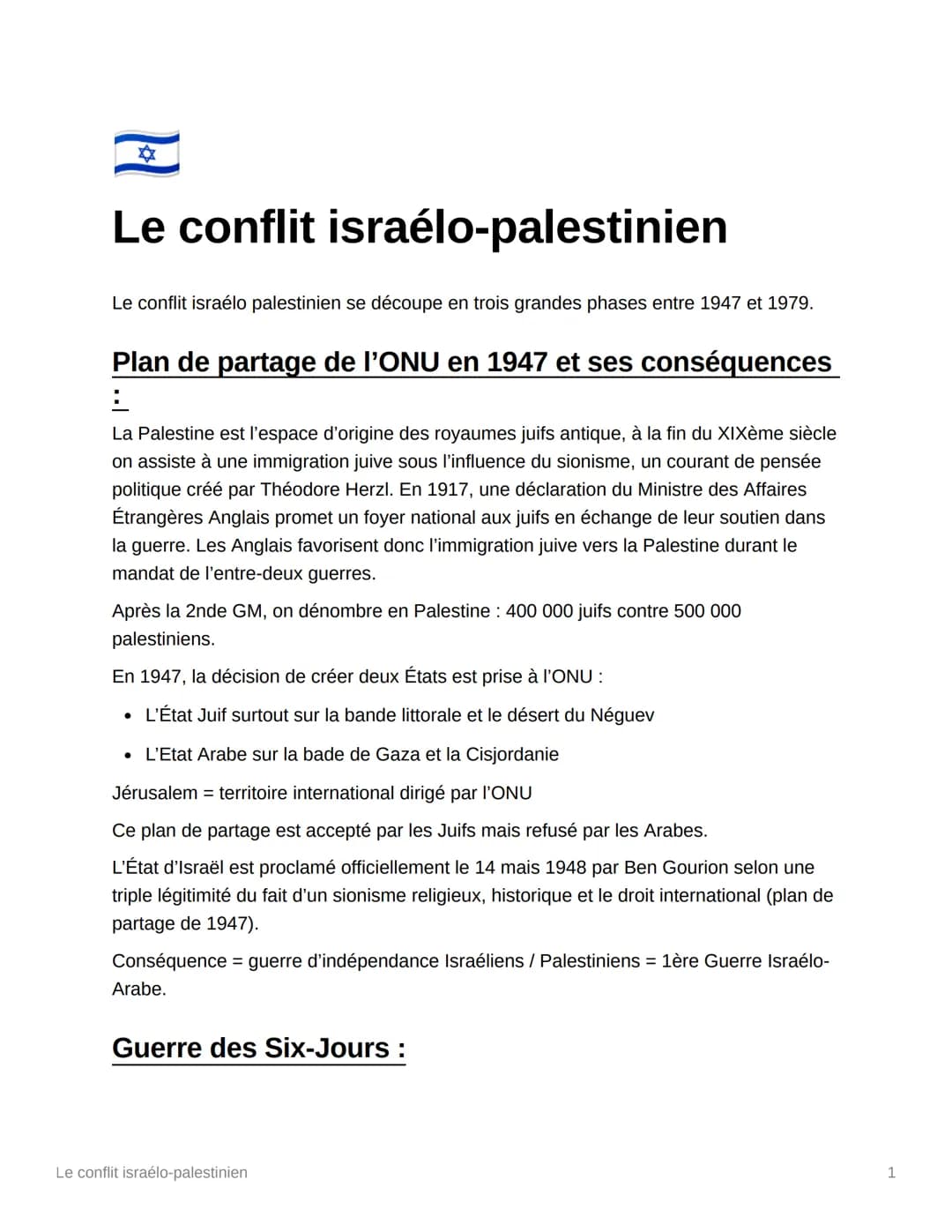 Hl
Le conflit israélo-palestinien
Le conflit israélo palestinien se découpe en trois grandes phases entre 1947 et 1979.
Plan de partage de l