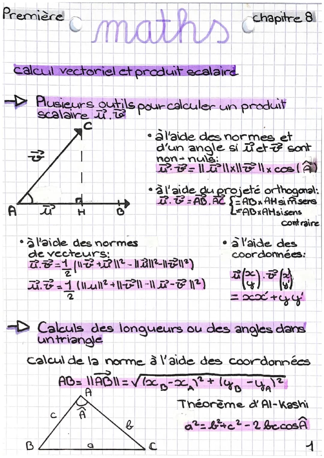 Première maths
calcul vectoriel et produit scalaire
chapitre 8
✈ Plusieurs outils pour calculer un produit
Scalaire t
ip
A
JP
H
C
• à l'aide