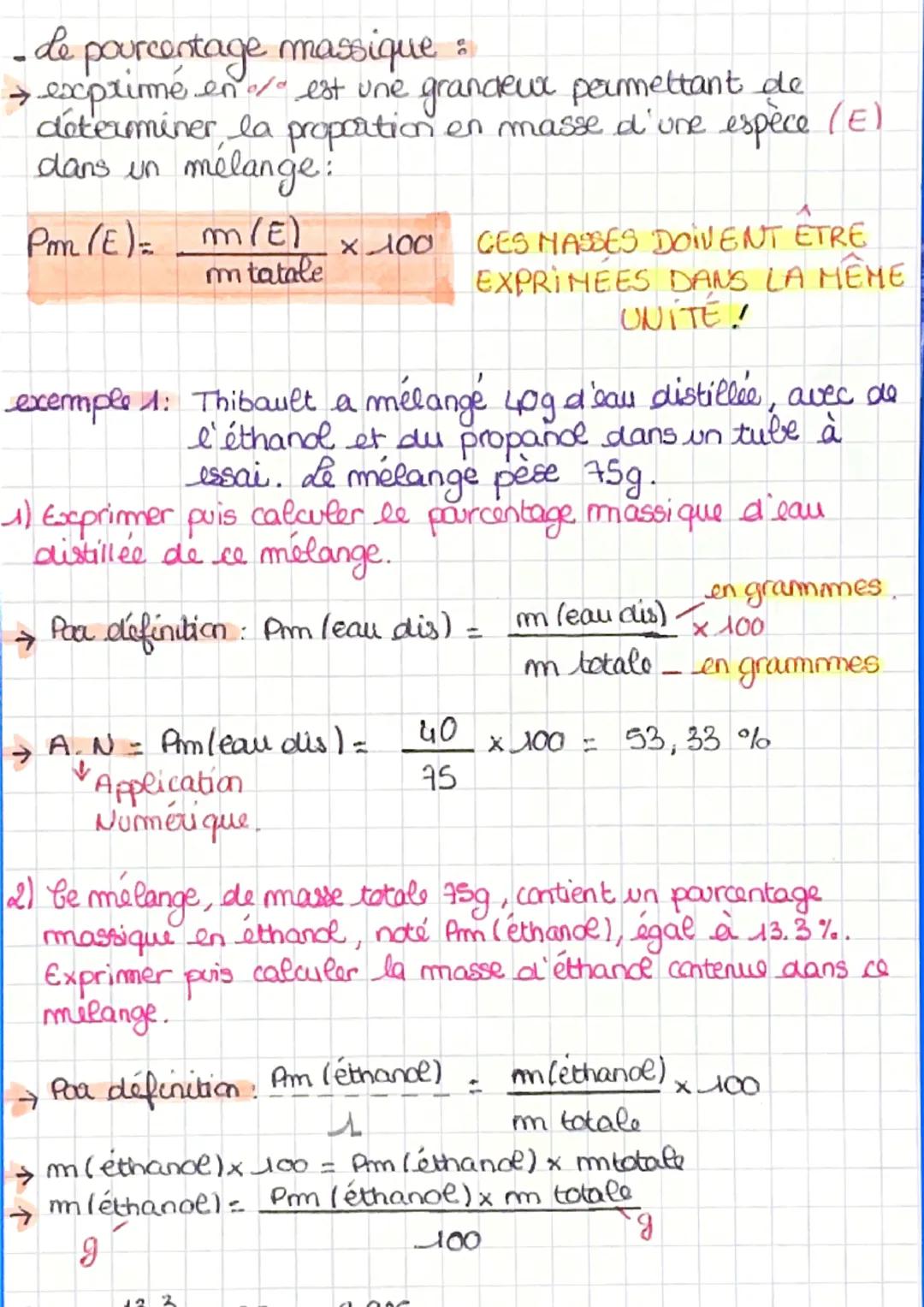 - Le pourcentage massique :
→ exprimé en/" est une grandeux permettant de
determiner la proportion en masse d'une espèce (E)
dans un mélange