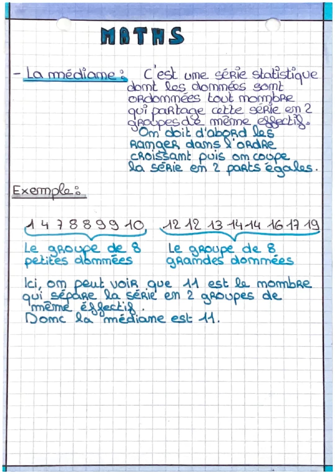 MATHS
Statistiques: partie 1.
·La moyemme: C'est la somme de
plusieurs valeurs divisés
par le mommbre de valeuRS.
Exemple : Voici les moyemm