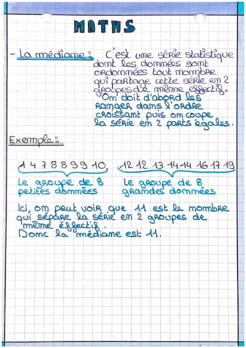MATHS
Statistiques: partie 1.
·La moyemme: C'est la somme de
plusieurs valeurs divisés
par le mommbre de valeuRS.
Exemple : Voici les moyemm