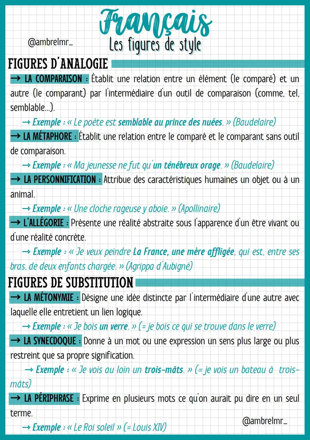 @ambrelmr_
Français
Les figures de style
FIGURES D'ANALOGIE
LA COMPARAISON: Établit une relation entre un élément (le comparé) et un
autre (
