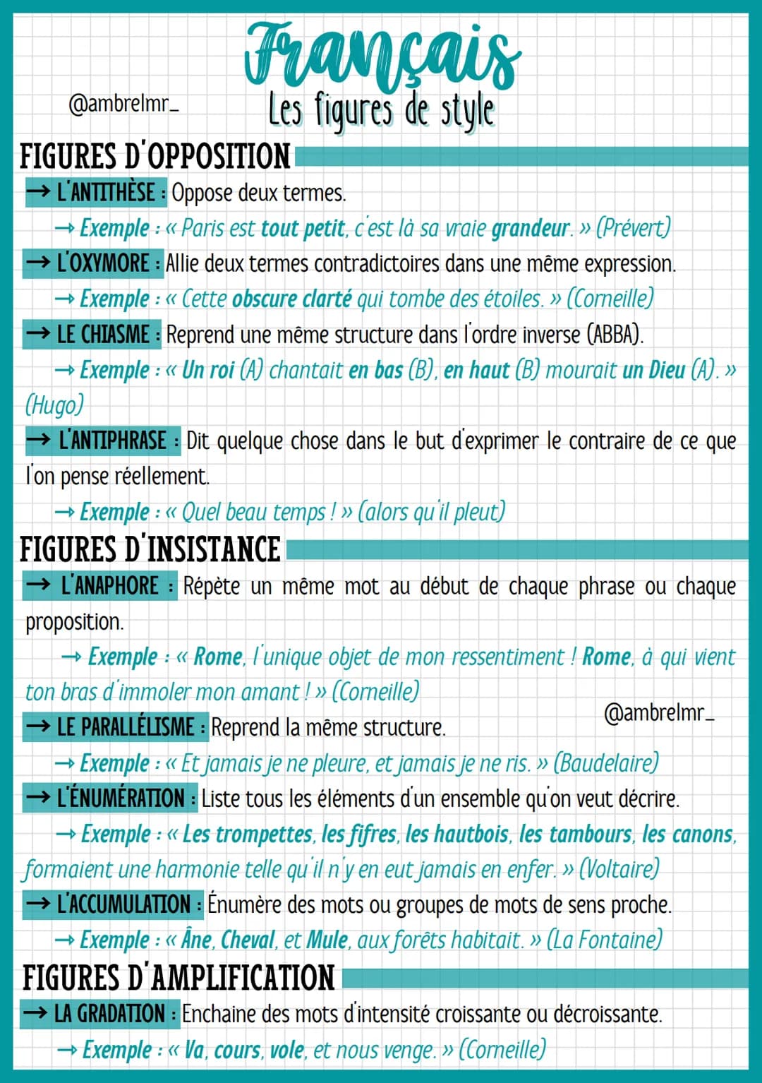 @ambrelmr_
Français
Les figures de style
FIGURES D'ANALOGIE
LA COMPARAISON: Établit une relation entre un élément (le comparé) et un
autre (