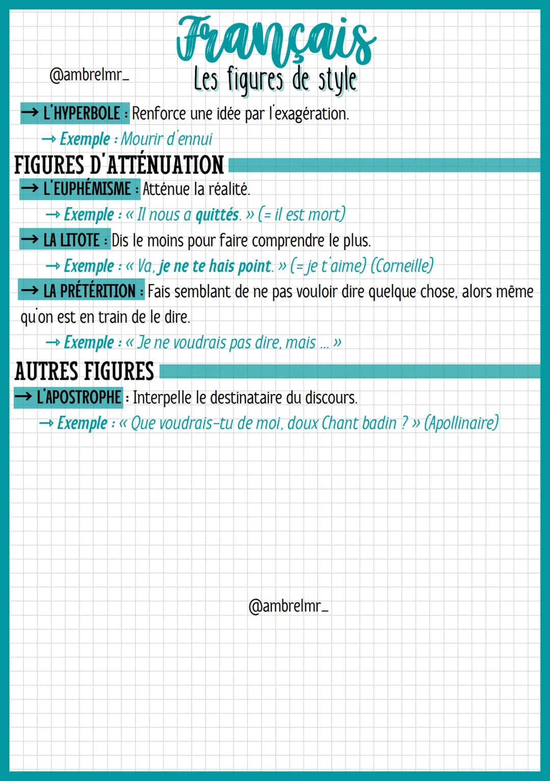 @ambrelmr_
Français
Les figures de style
FIGURES D'ANALOGIE
LA COMPARAISON: Établit une relation entre un élément (le comparé) et un
autre (