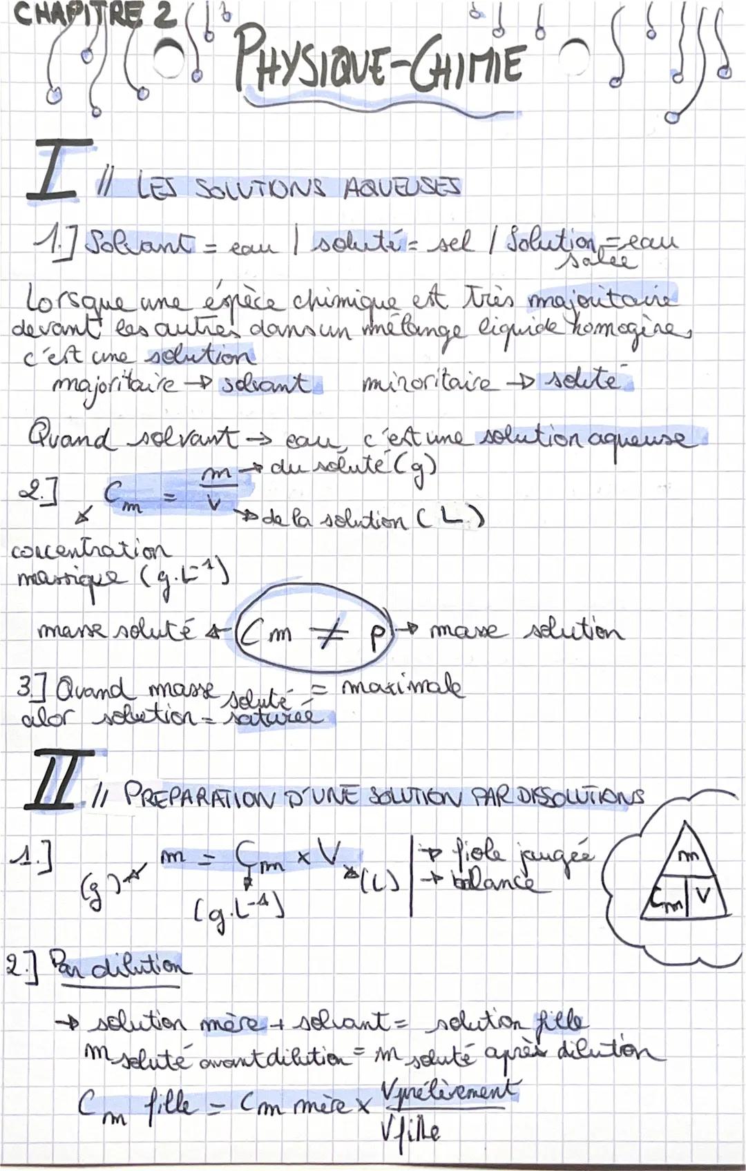 CHAPITRE 2
"S? ( ² )" PHYSIQUE-CHIME" ~ S ISS
I'll LES SOLUTIONS AQUEUSES
1.] Solvant
| soluté = sel / Solution -eau
salee
Lorsque une espèc