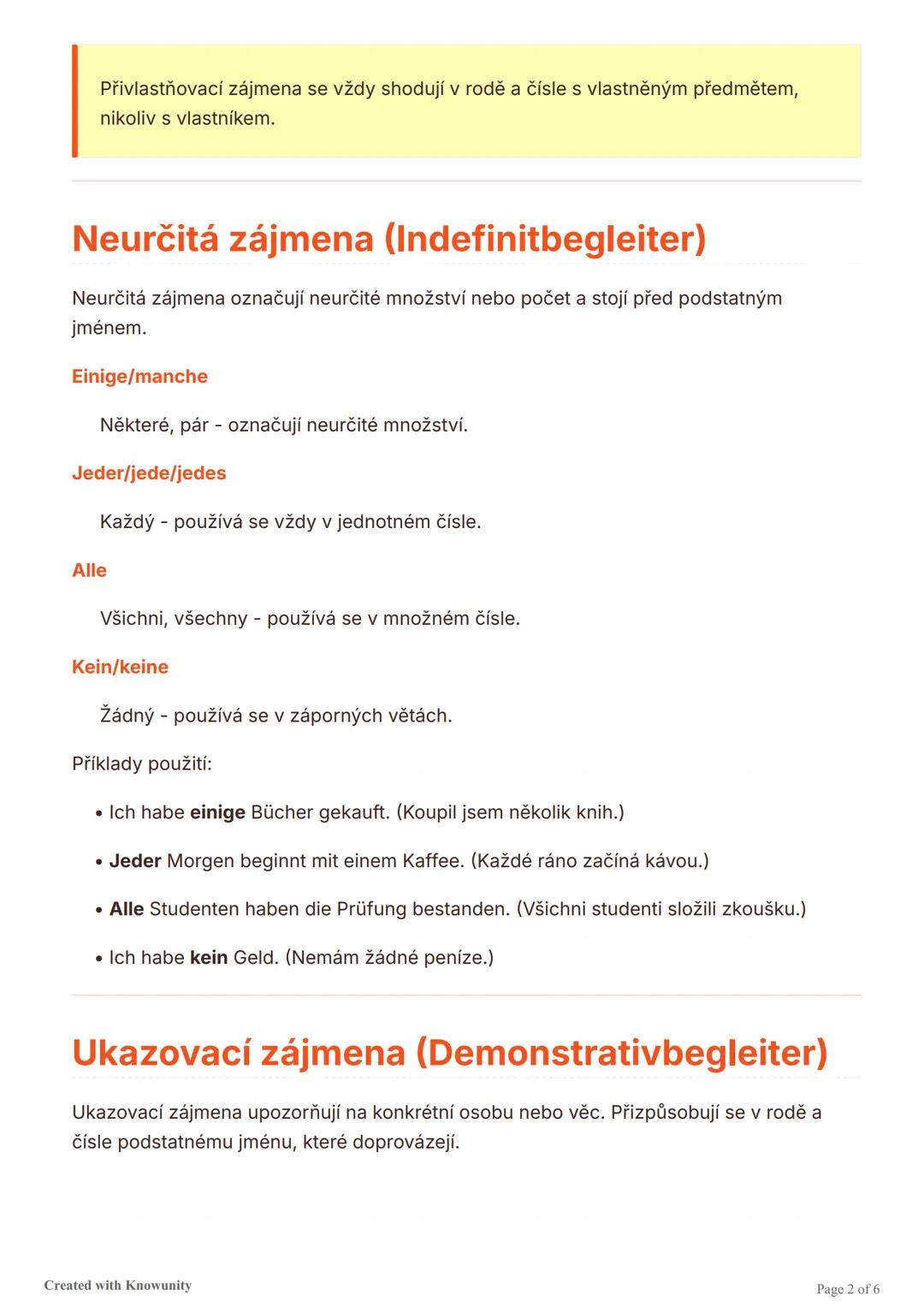# Zájmena a doprovázející slova v
němčině

Základní přehled německých zájmen a doprovázejících slov včetně přívlastňovacích,
eurčitých a uka