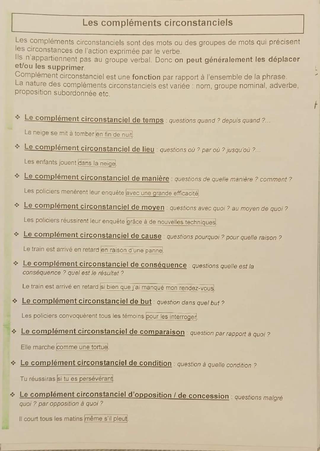 --- OCR Start ---
Les compléments circonstanciels
Les compléments circonstanciels sont des mots ou des groupes de mots qui précisent
les cir