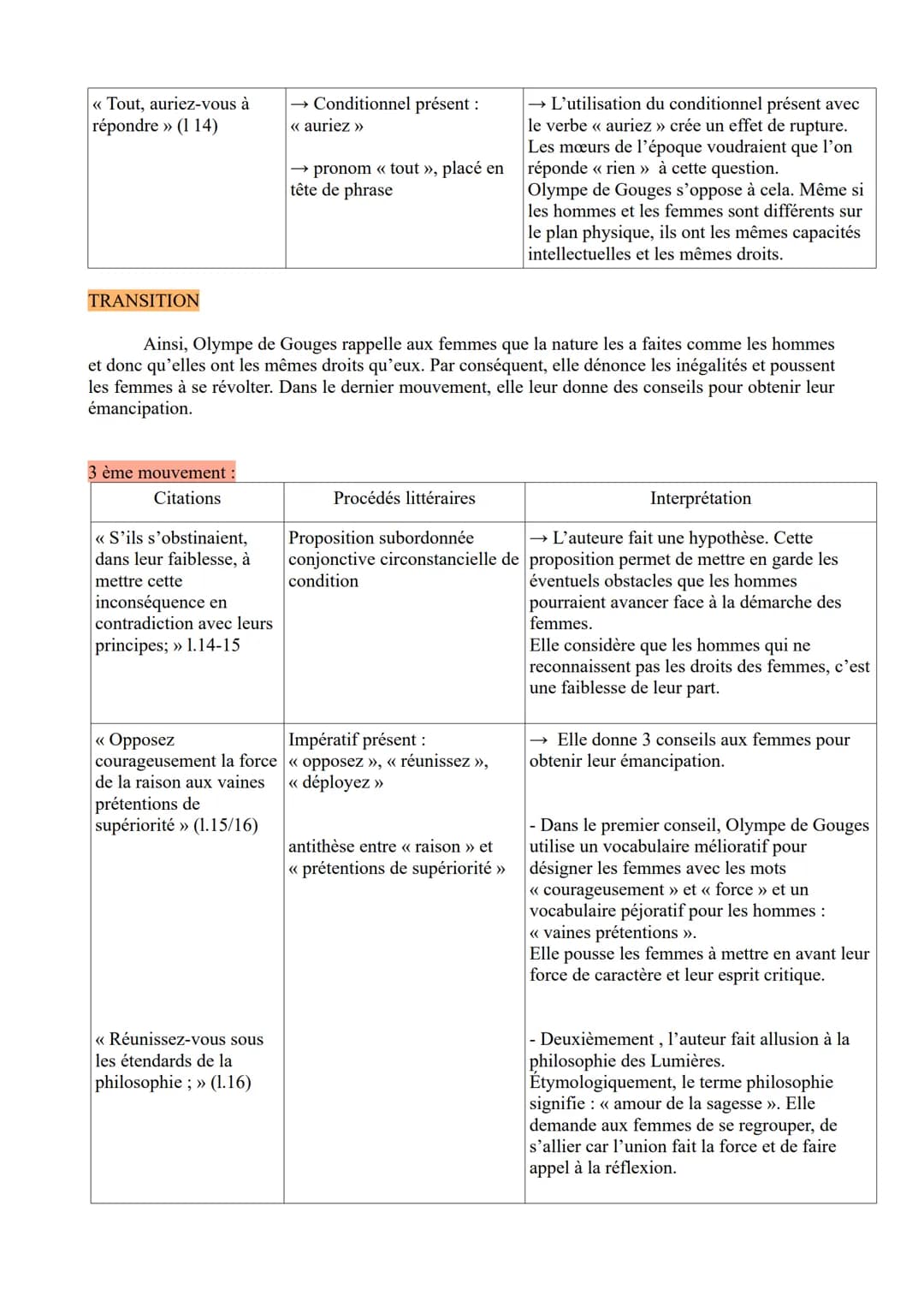 ÉTUDE LINÉAIRE N°2 extrait 1 du Postambule
Olympe de Gouges, La déclaration des droits de la femme et de la citoyenne, Postambule :
<< Femme
