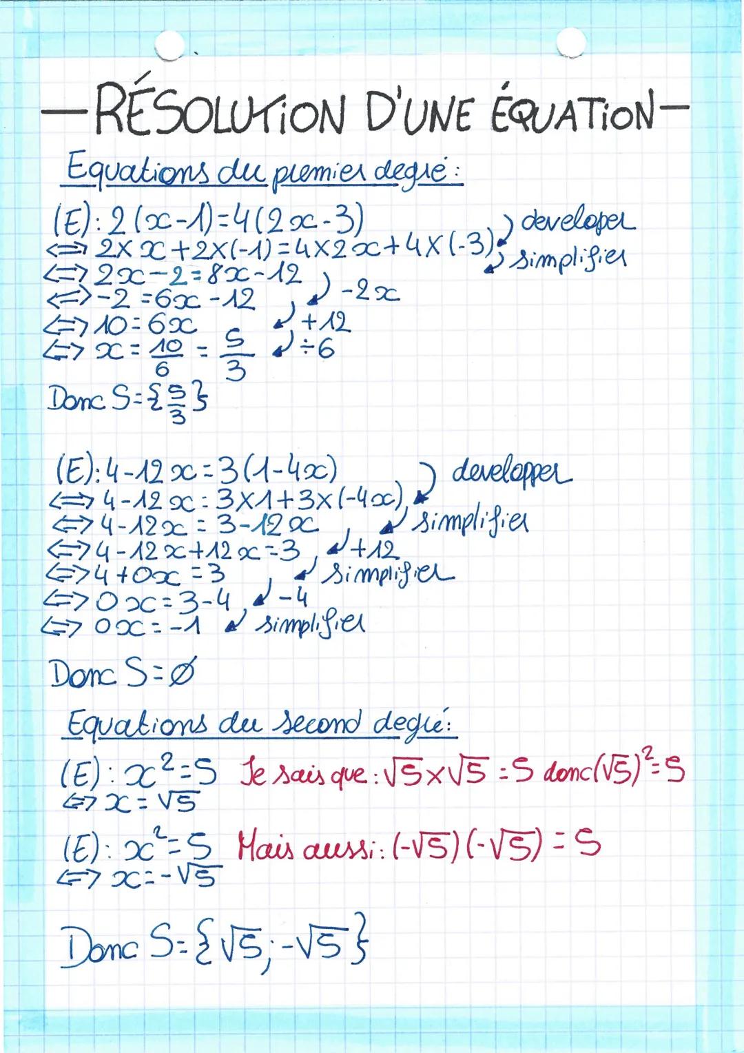 -RÉSOLUTION D'UNE ÉQUATION-

Equations du premier degré :
(E): 2(x-1)=4(2x-3) developer
$
\Leftrightarrow 2x + 2x(-1) = 4x2x + 4x(-3)
$
simp