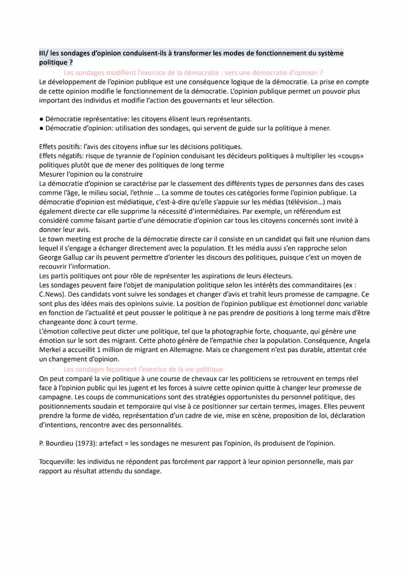 Comment se forme et s'exprime l'opinion publique ?
- Il faut montrer comment les sondages d'opinion modifient l'exercice de la démocratie.
-