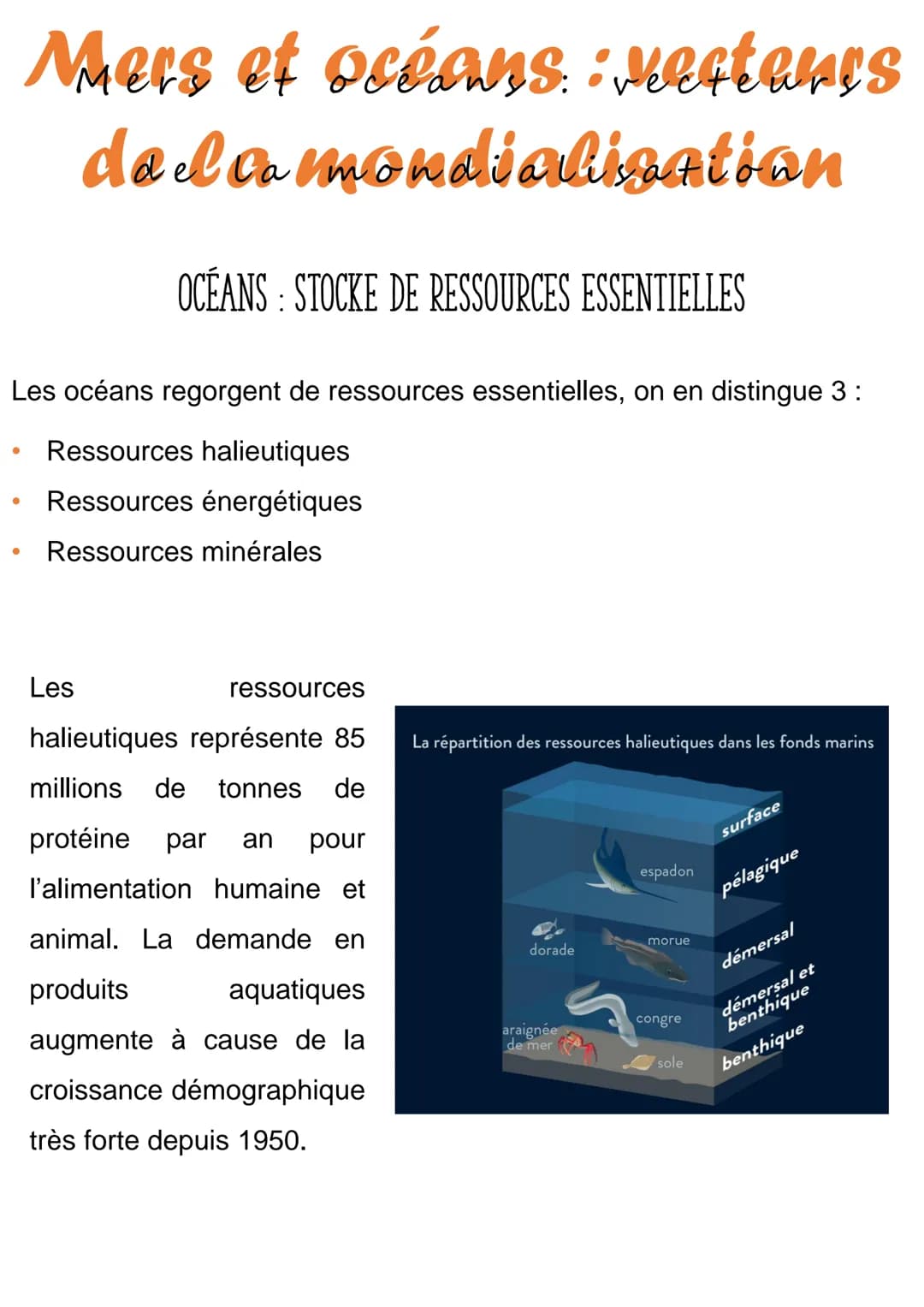 ●
Mers et océans : vestanis
dal ca mondialisztian
de
Les océans regorgent de ressources essentielles, on en distingue 3:
Ressources halieuti