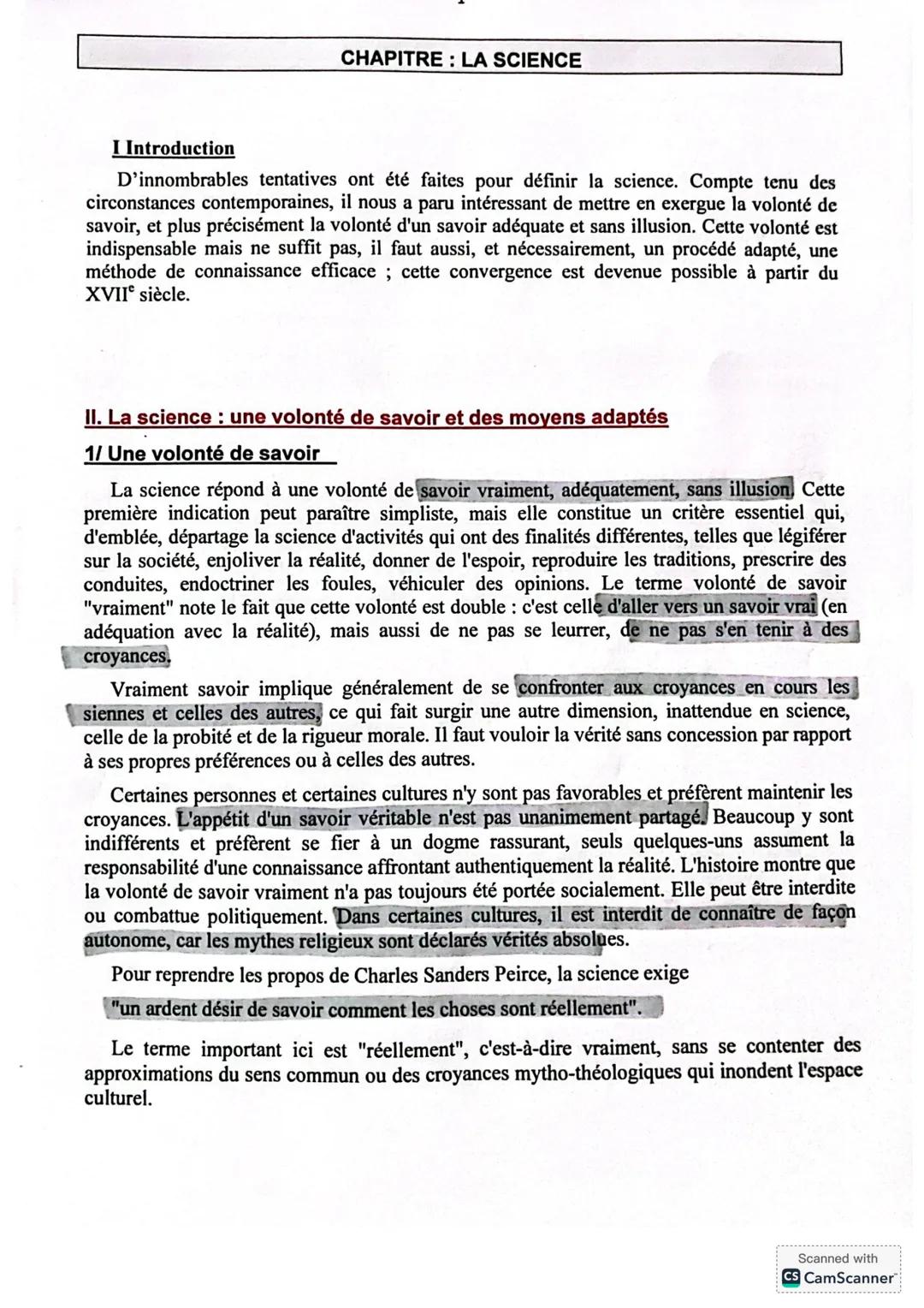 CHAPITRE: LA SCIENCE
I Introduction
D'innombrables tentatives ont été faites pour définir la science. Compte tenu des
circonstances contempo