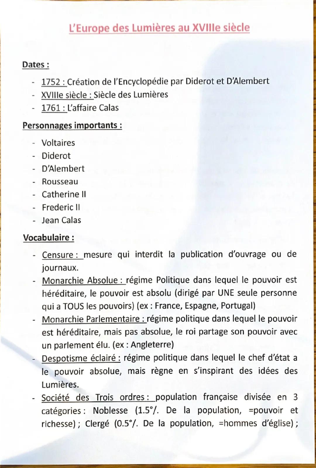 # L'Europe des Lumières au XVIIIe siècle

Dates:
- 1752: Création de l'Encyclopédie par Diderot et D'Alembert
- XVIIIe siècle: Siècle des Lu