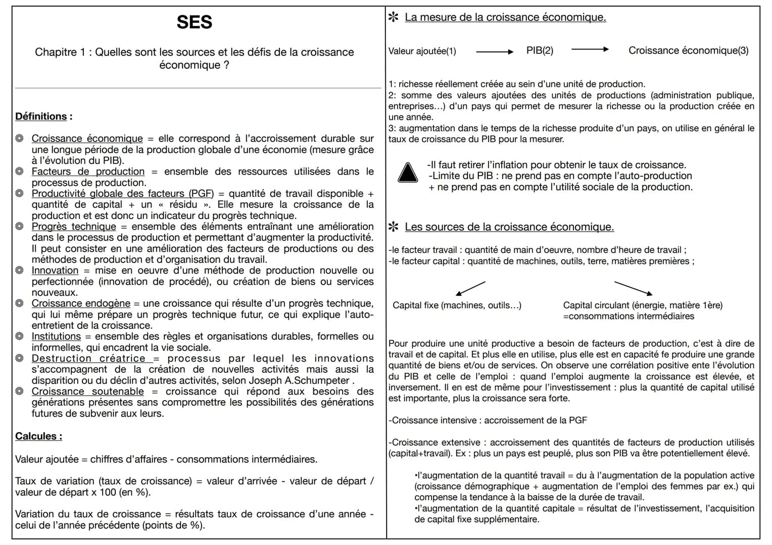 SES
Chapitre 1 : Quelles sont les sources et les défis de la croissance
économique ?
Définitions :
Croissance économique = elle correspond à