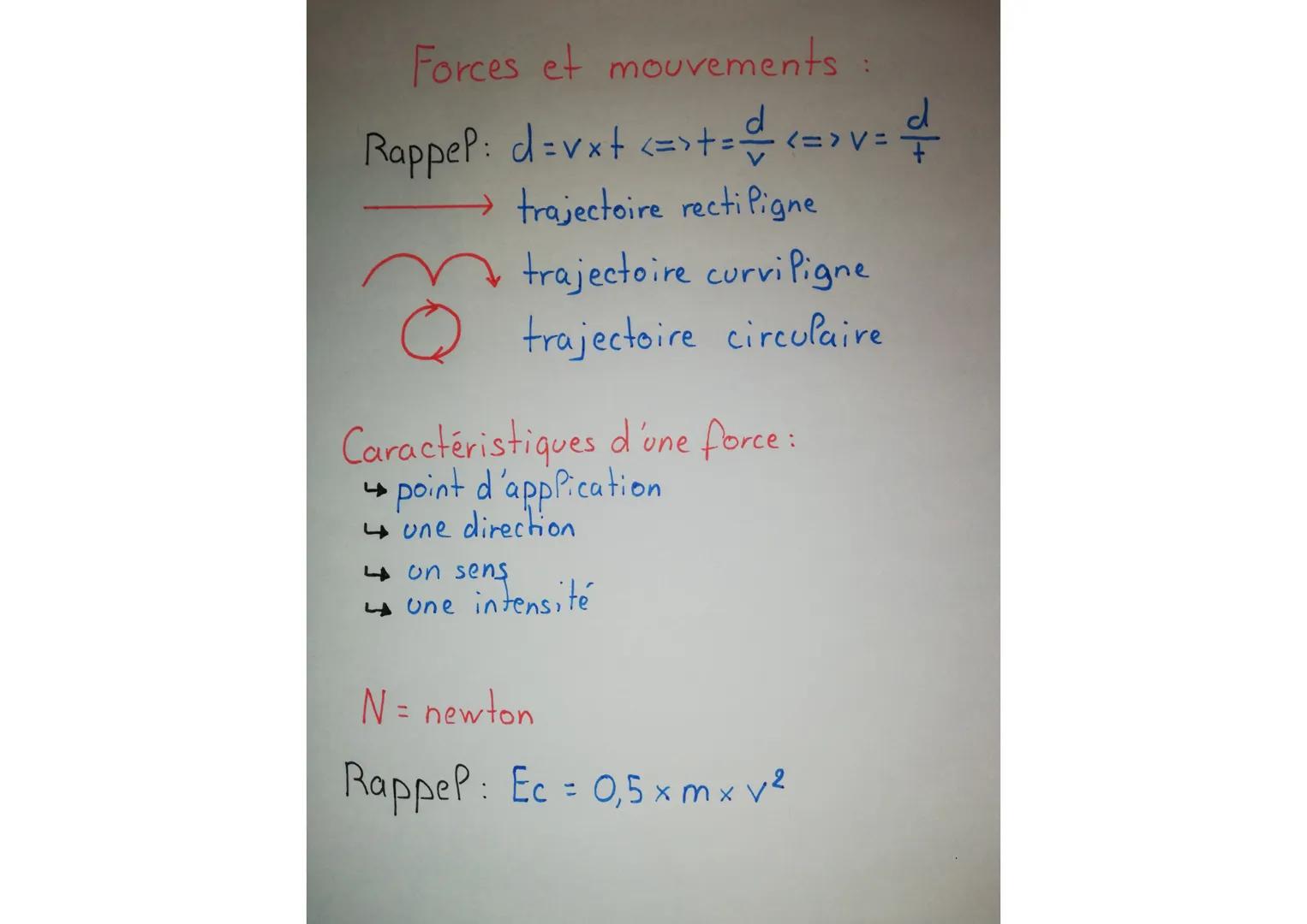 :
Forces et mouvements
RappeP: d=vx+ <=>+=== <=>V=
trajectoire recti Pigne
trajectoire curviligne
trajectoire circulaire
Caractéristiques d'