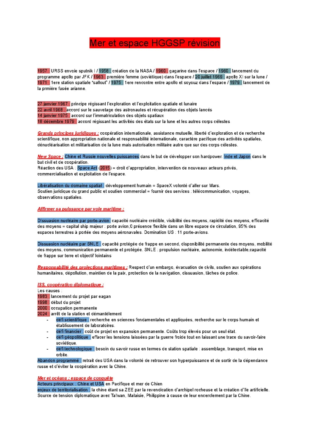 Fiche Révision HGGSP Terminale: Nouveaux Espaces de Conquête - Océans et Espace