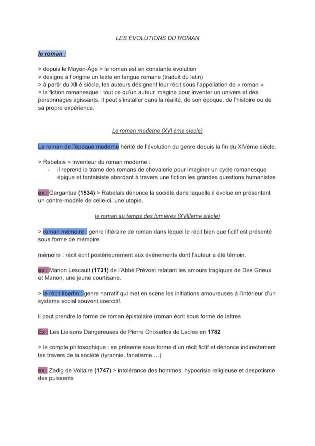 le roman:
LES ÉVOLUTIONS DU ROMAN
> depuis le Moyen-Åge > le roman est en constante évolution
> désigne à l'origine un texte en langue roman