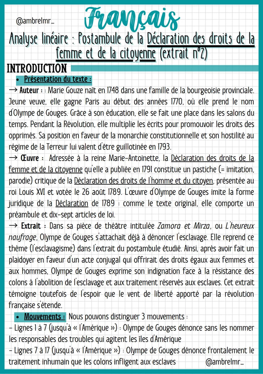 Français
@ambrelmr_
Analyse linéaire: Postambule de la Déclaration des droits de la
femme et de la citoyenne (extrait nº2)
INTRODUCTION
Prés