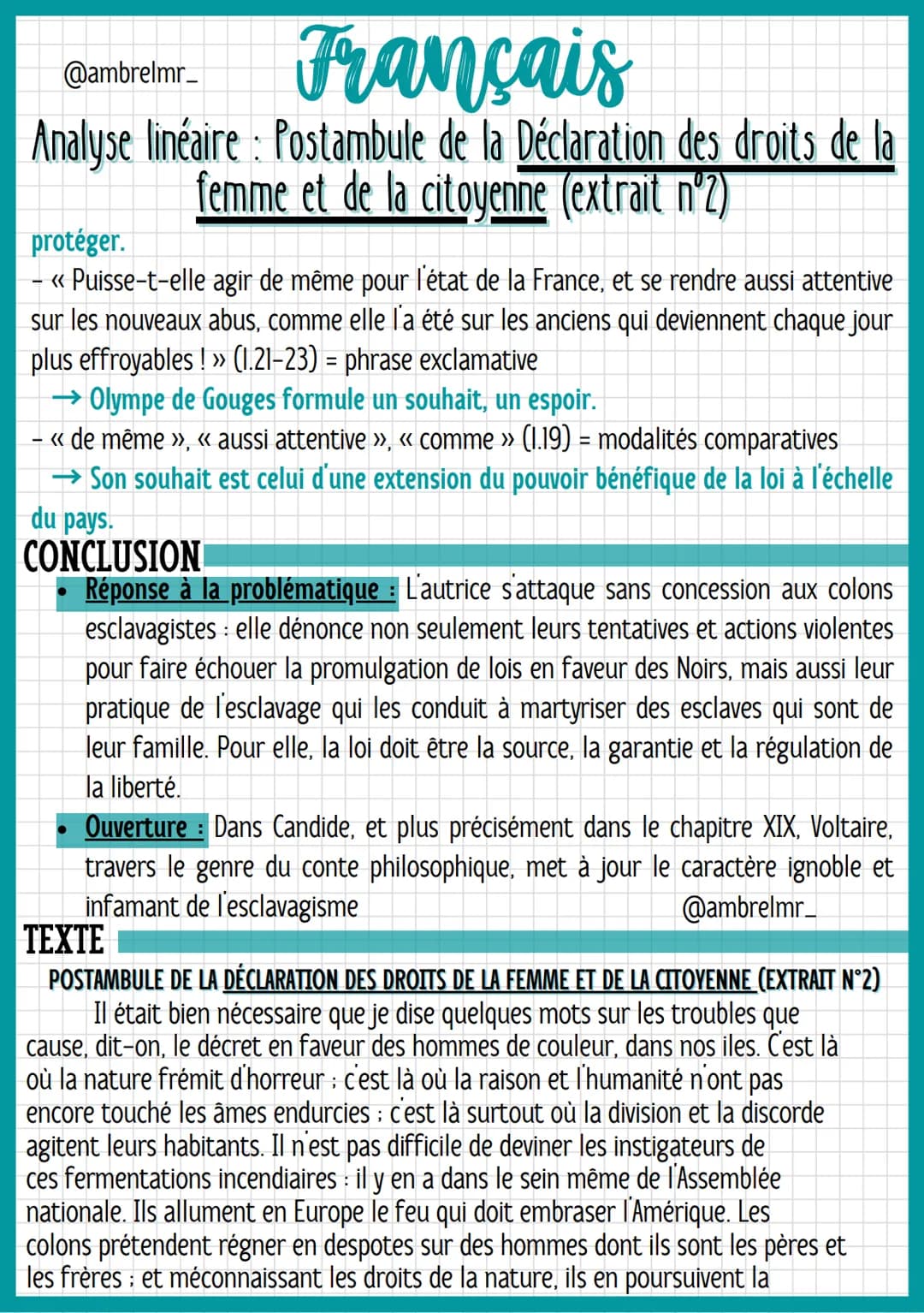Français
@ambrelmr_
Analyse linéaire: Postambule de la Déclaration des droits de la
femme et de la citoyenne (extrait nº2)
INTRODUCTION
Prés