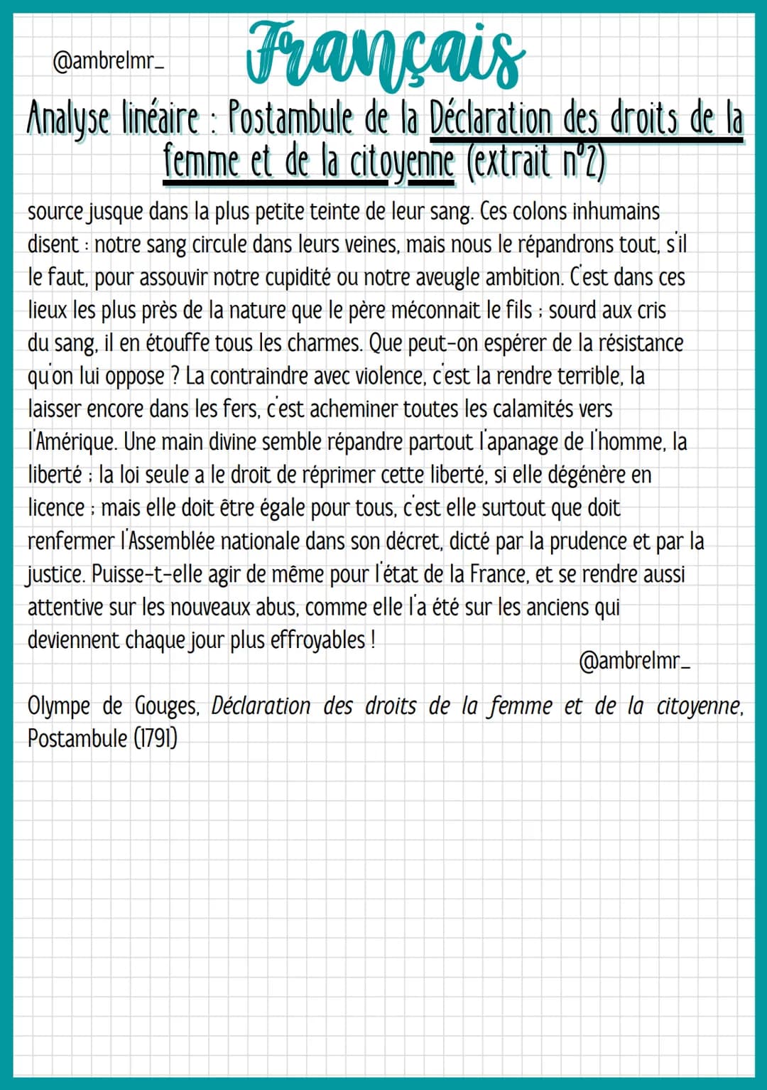 Français
@ambrelmr_
Analyse linéaire: Postambule de la Déclaration des droits de la
femme et de la citoyenne (extrait nº2)
INTRODUCTION
Prés