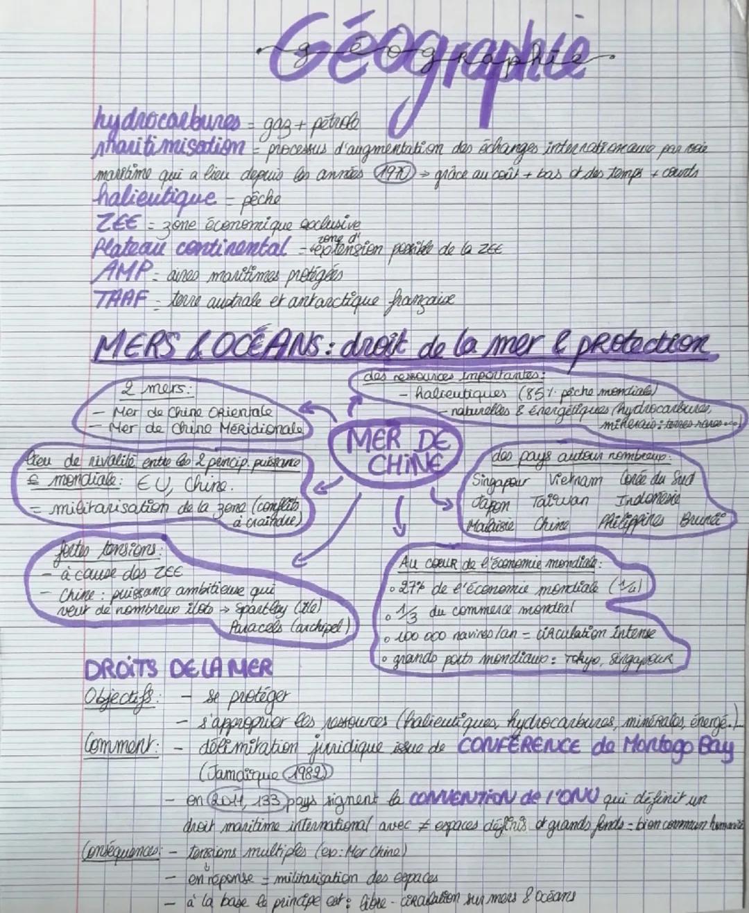 Géographie
hydrocarbures gaz + petrole
Maritimisation processus d'augmentation des échanges internationame par voie
maritime qui a lieu depu