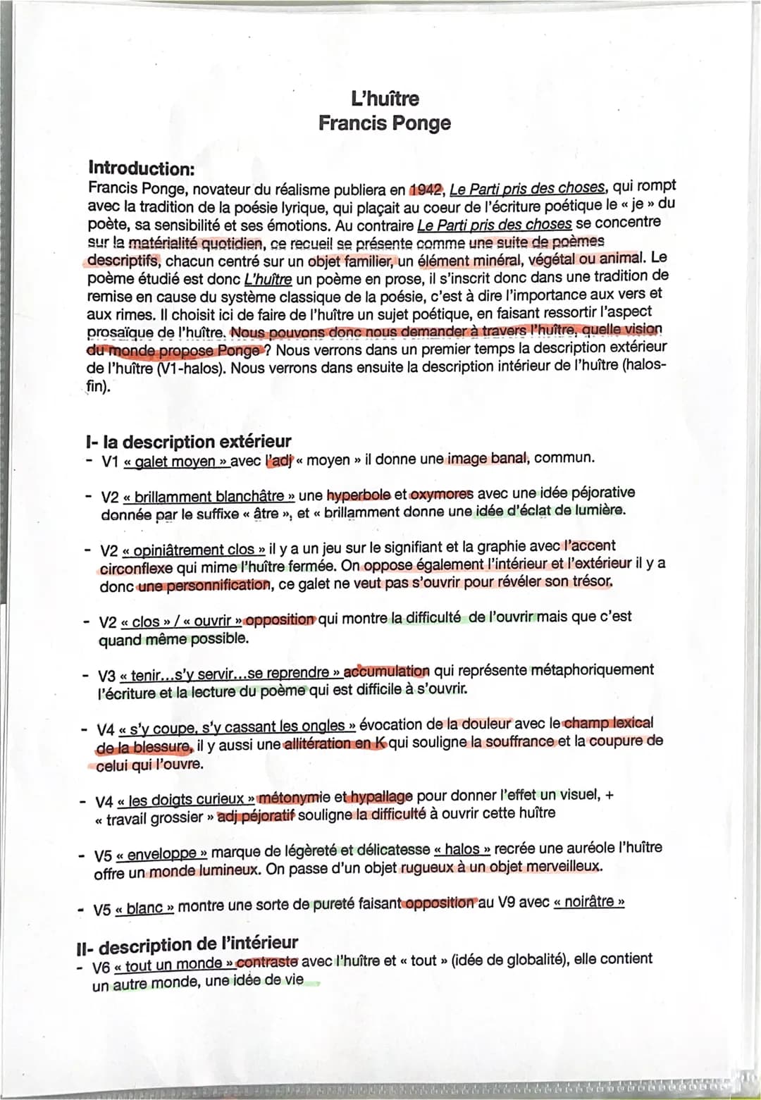 L'huître
Francis Ponge
Introduction:
Francis Ponge, novateur du réalisme publiera en 1942, Le Parti pris des choses, qui rompt
avec la tradi