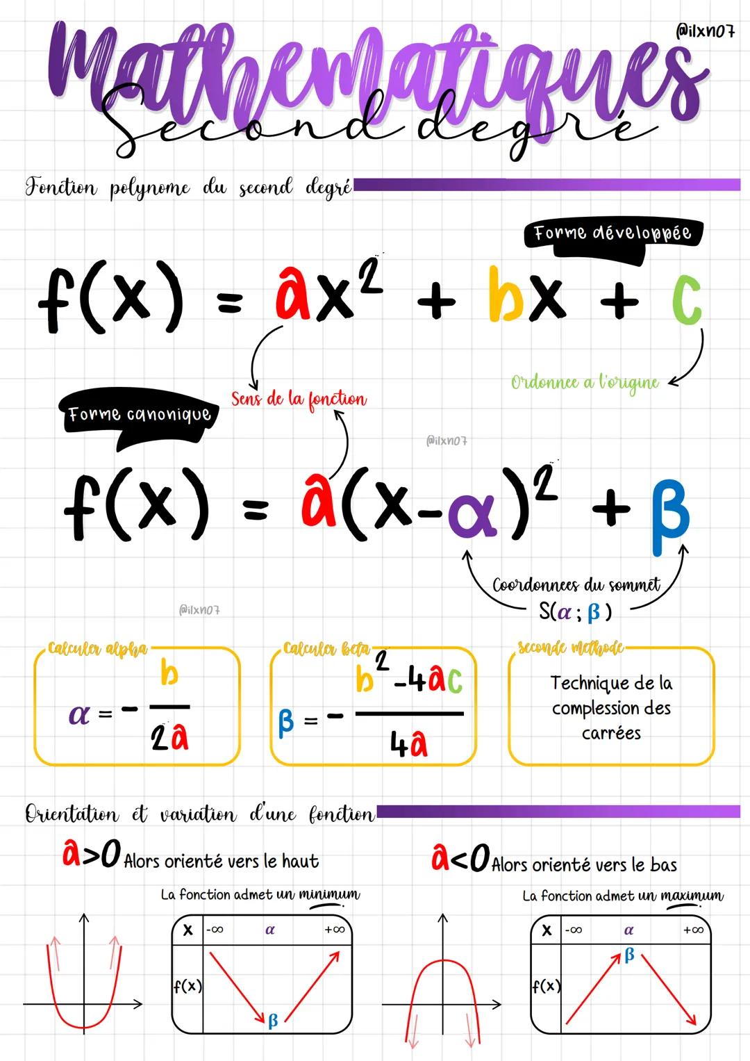 Mathematiques
Fonction polynome du second degrét
Forme développée
f(x) = ax² + bx + C
Sens de la fonction
Forme canonique
f(x) = a(x-α)² + B
