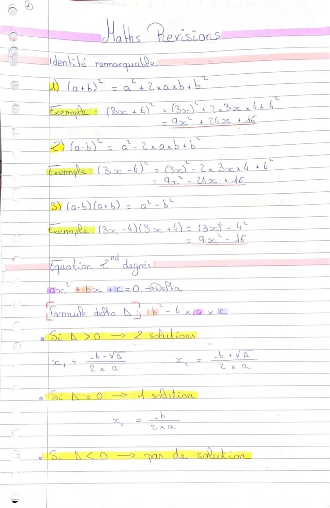 O
Identité remarquable
Maths Revisions
4) (a+h) ²
Exemple: (3x + 4)² = (3₂0)² + 2x3xx 4+4²
9x² +240 + 16
2
= a + 2xaxb + b ²
2) (a-b)² = a ²
