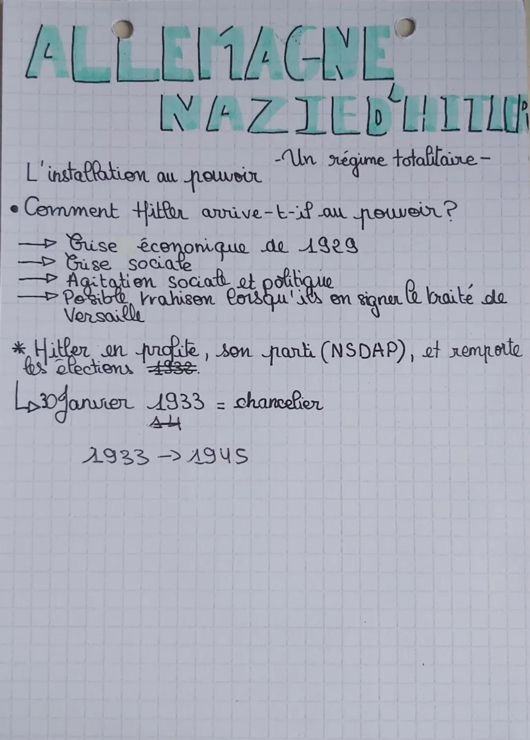ALLEMAGNE
NAZIE HITLER
L'installation au pouvoir
-Un régime totalitaire-
• Comment Hitler arrive-t-il au pouvoir?
Grise économique de 1929
-