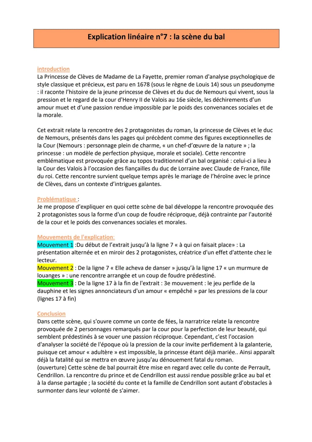 Explication linéaire n°7 : la scène du bal
introduction
La Princesse de Clèves de Madame de La Fayette, premier roman d'analyse psychologiqu