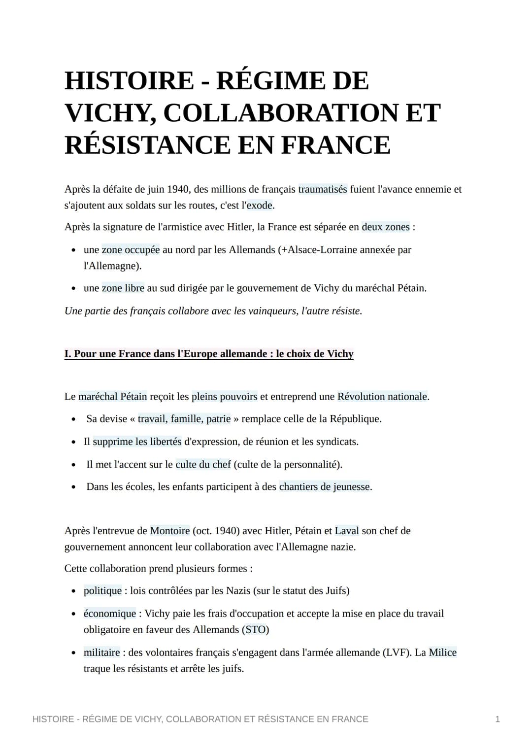 HISTOIRE - RÉGIME DE
VICHY, COLLABORATION ET
RÉSISTANCE EN FRANCE
Après la défaite de juin 1940, des millions de français traumatisés fuient