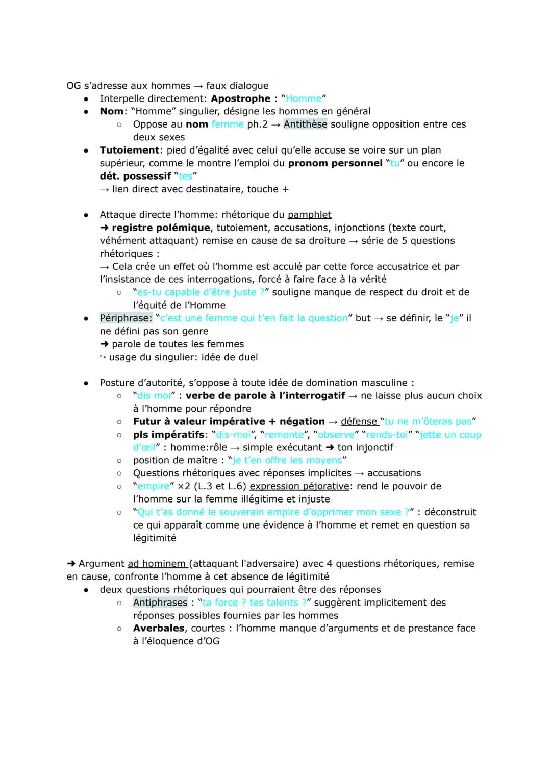OG s'adresse aux hommes → faux dialogue
● Interpelle directement: Apostrophe : "Homme"
Nom: "Homme" singulier, désigne les hommes en général
