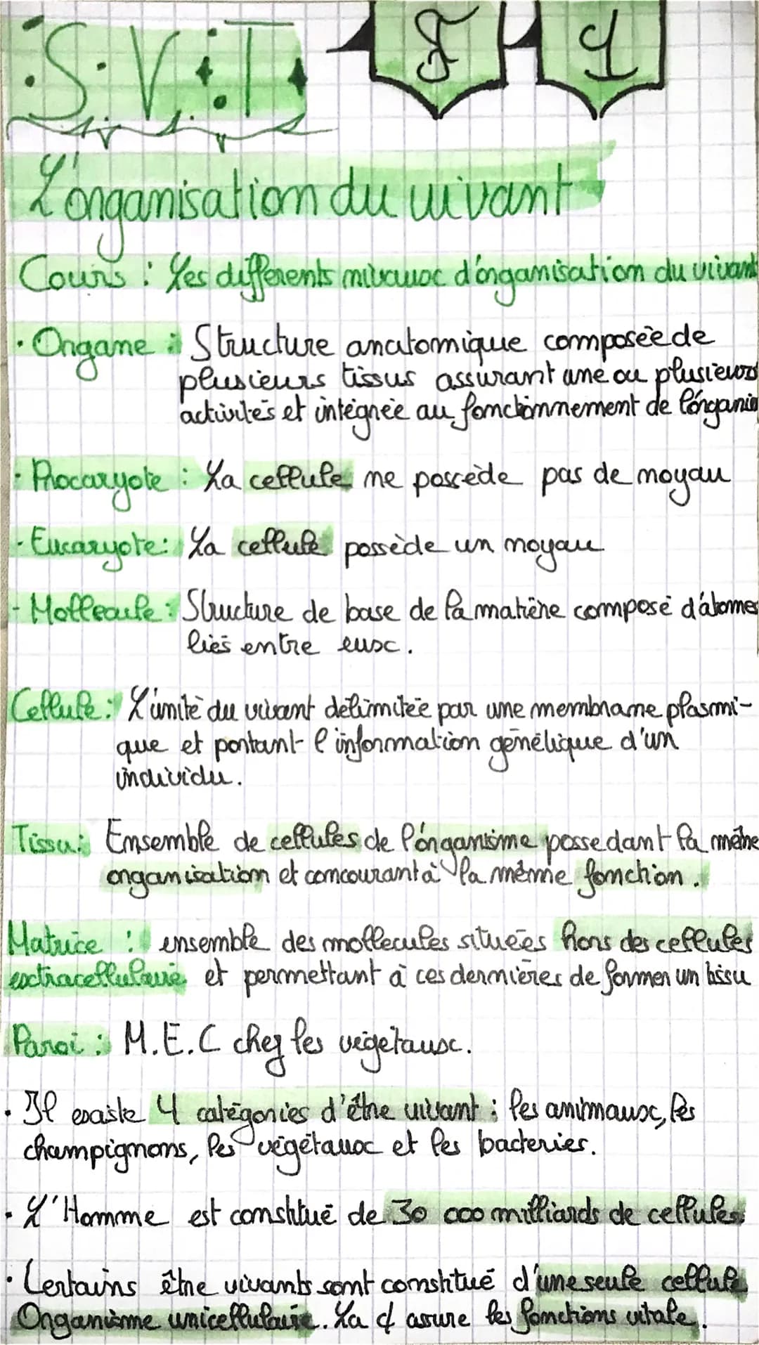 •S•V₂
Longanisation du vivant
Cours : les differents nivcuoc d'organisation du vivants
• Ongane : Structure anatomique composée de
plusieurs