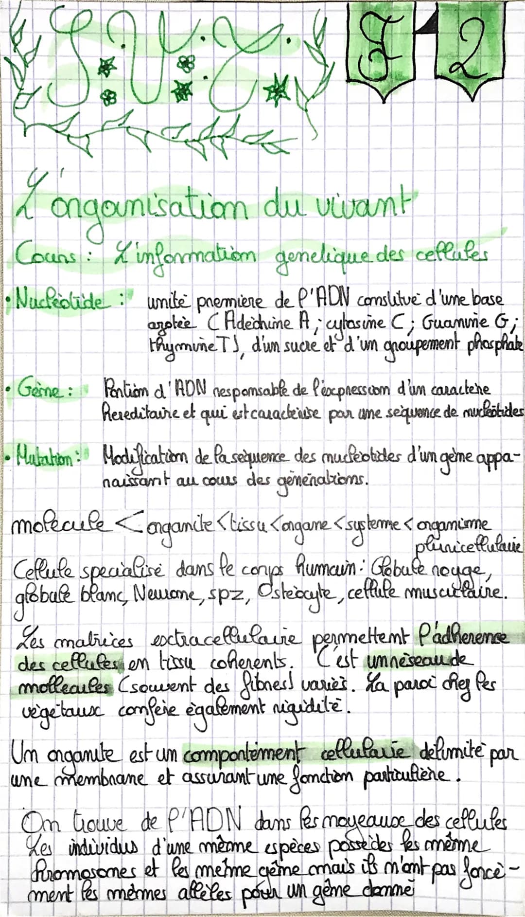 •S•V₂
Longanisation du vivant
Cours : les differents nivcuoc d'organisation du vivants
• Ongane : Structure anatomique composée de
plusieurs