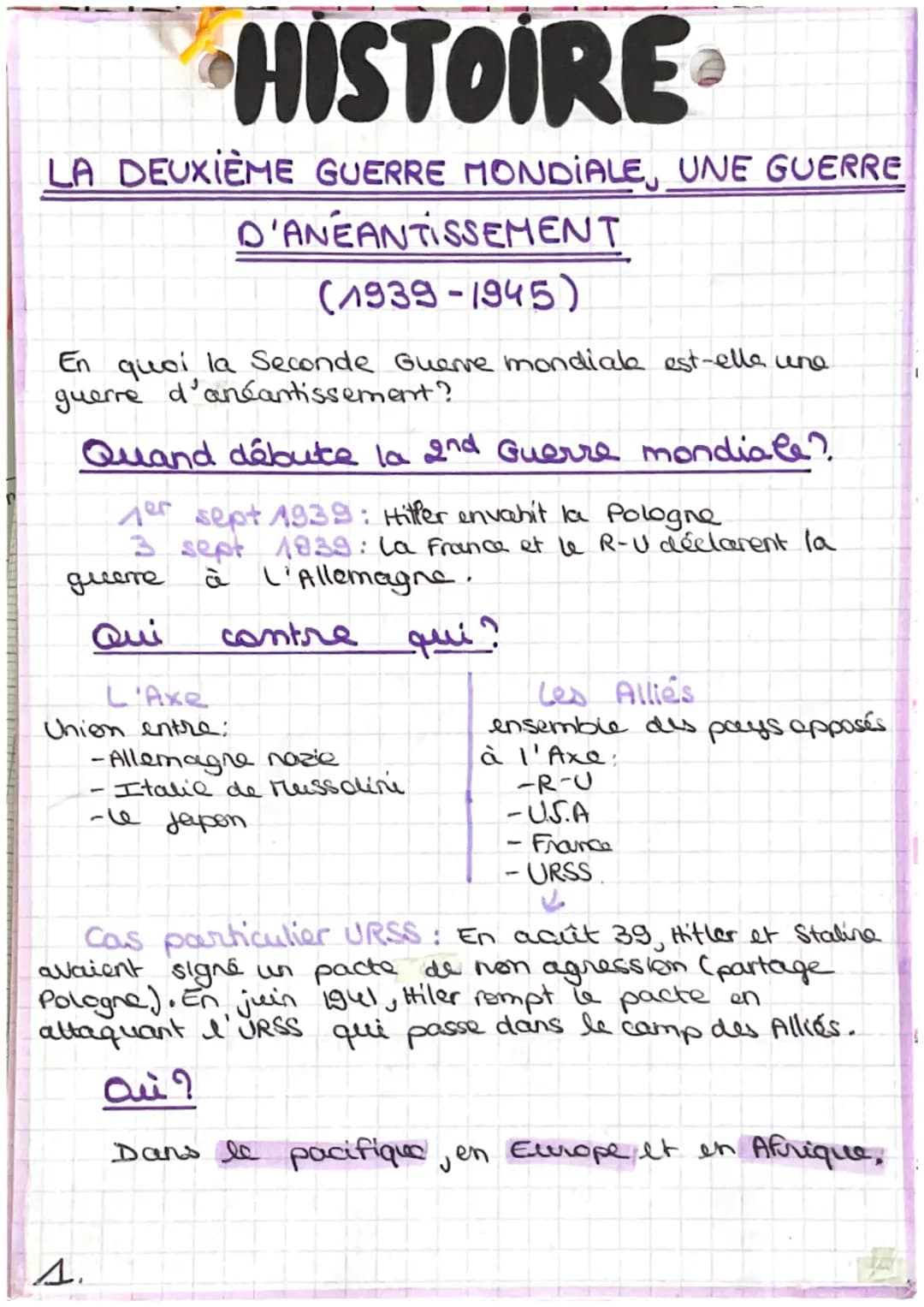 HISTOIRE
LA DEUXIÈME GUERRE MONDIALE, UNE GUERRE
D'ANEANTISSEMENT
(1939-1945)
En quoi la Seconde Guerre mondiale est-elle une
guerre d'anéan