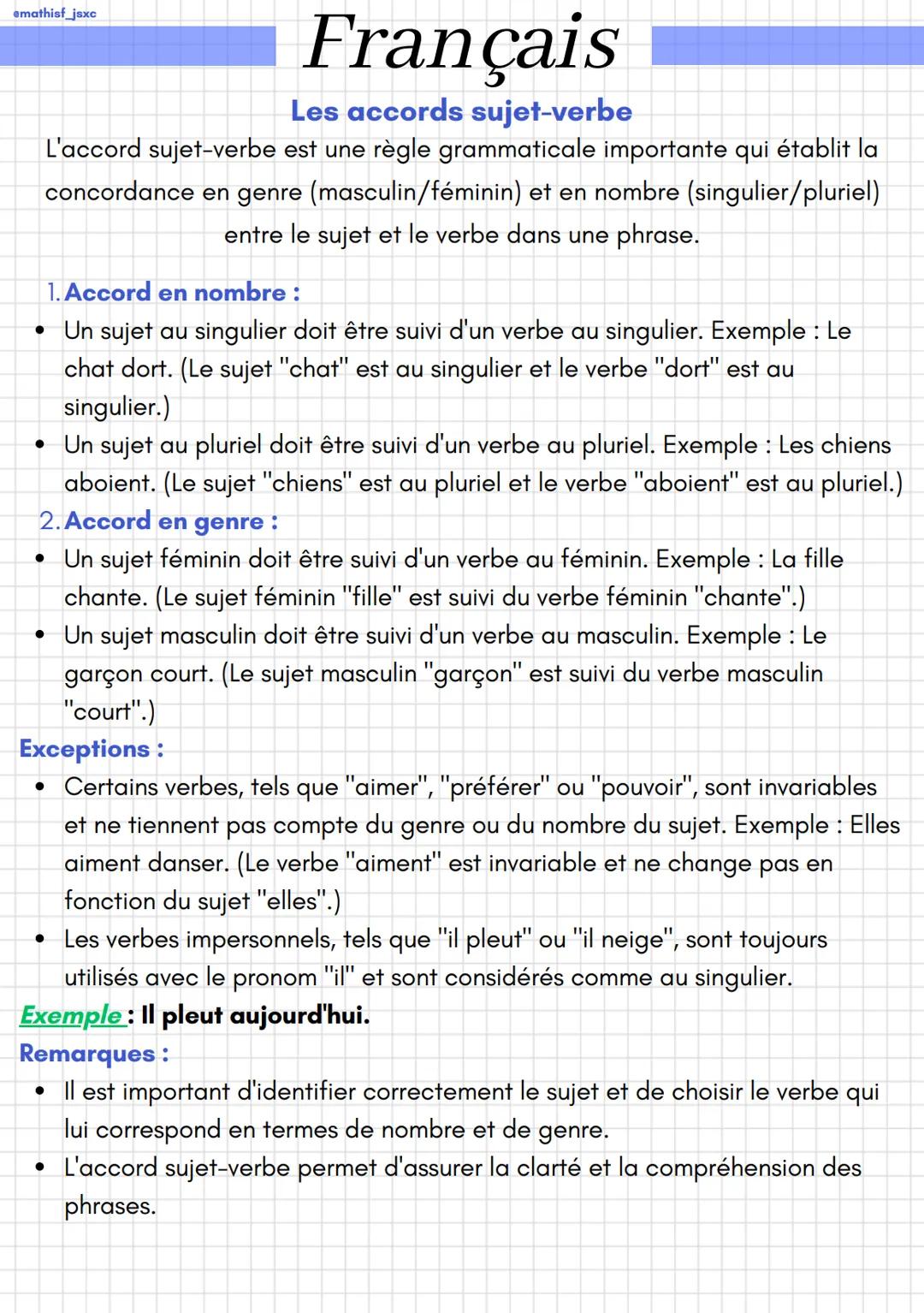 emathisf_jsxc
Français
Les accords sujet-verbe
L'accord sujet-verbe est une règle grammaticale importante qui établit la
concordance en genr
