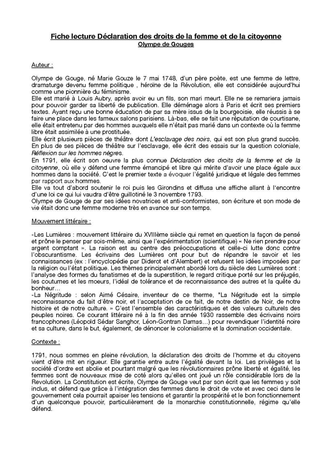 Fiche de lecture : Déclaration des droits de la femme et de la citoyenne - Résumé Olympe de Gouges PDF