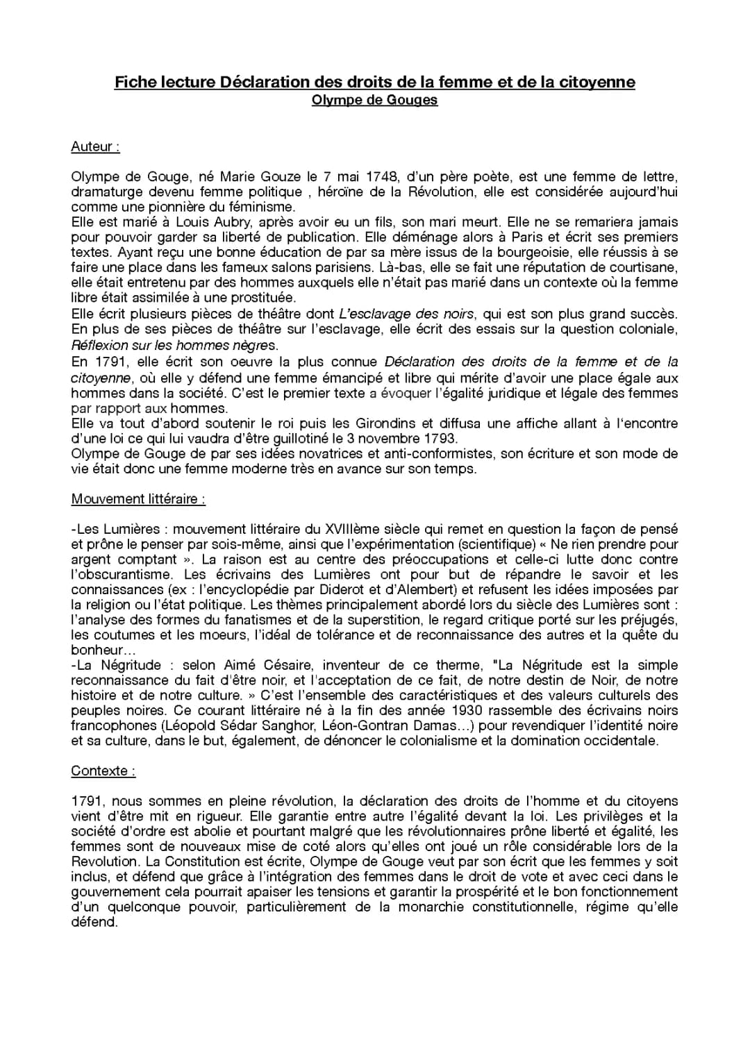 Fiche de lecture : Déclaration des droits de la femme et de la citoyenne - Résumé Olympe de Gouges PDF