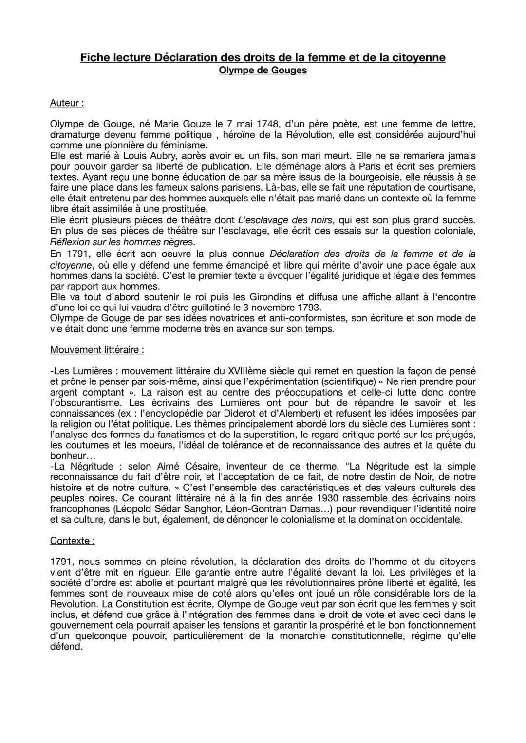 Fiche lecture Déclaration des droits de la femme et de la citoyenne
Olympe de Gouges
Auteur :
Olympe de Gouge, né Marie Gouze le 7 mai 1748,