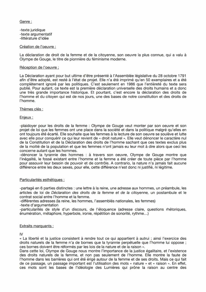 Fiche lecture Déclaration des droits de la femme et de la citoyenne
Olympe de Gouges
Auteur :
Olympe de Gouge, né Marie Gouze le 7 mai 1748,