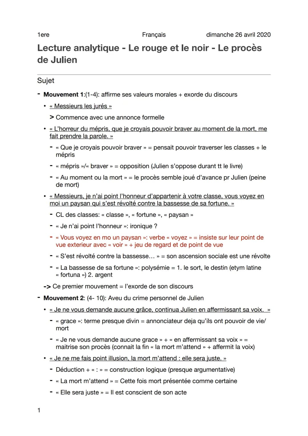 1ere
Français
dimanche 26 avril 2020
Lecture analytique - Le rouge et le noir - Le procès
de Julien
Sujet
1
Mouvement 1:(1-4): affirme ses v