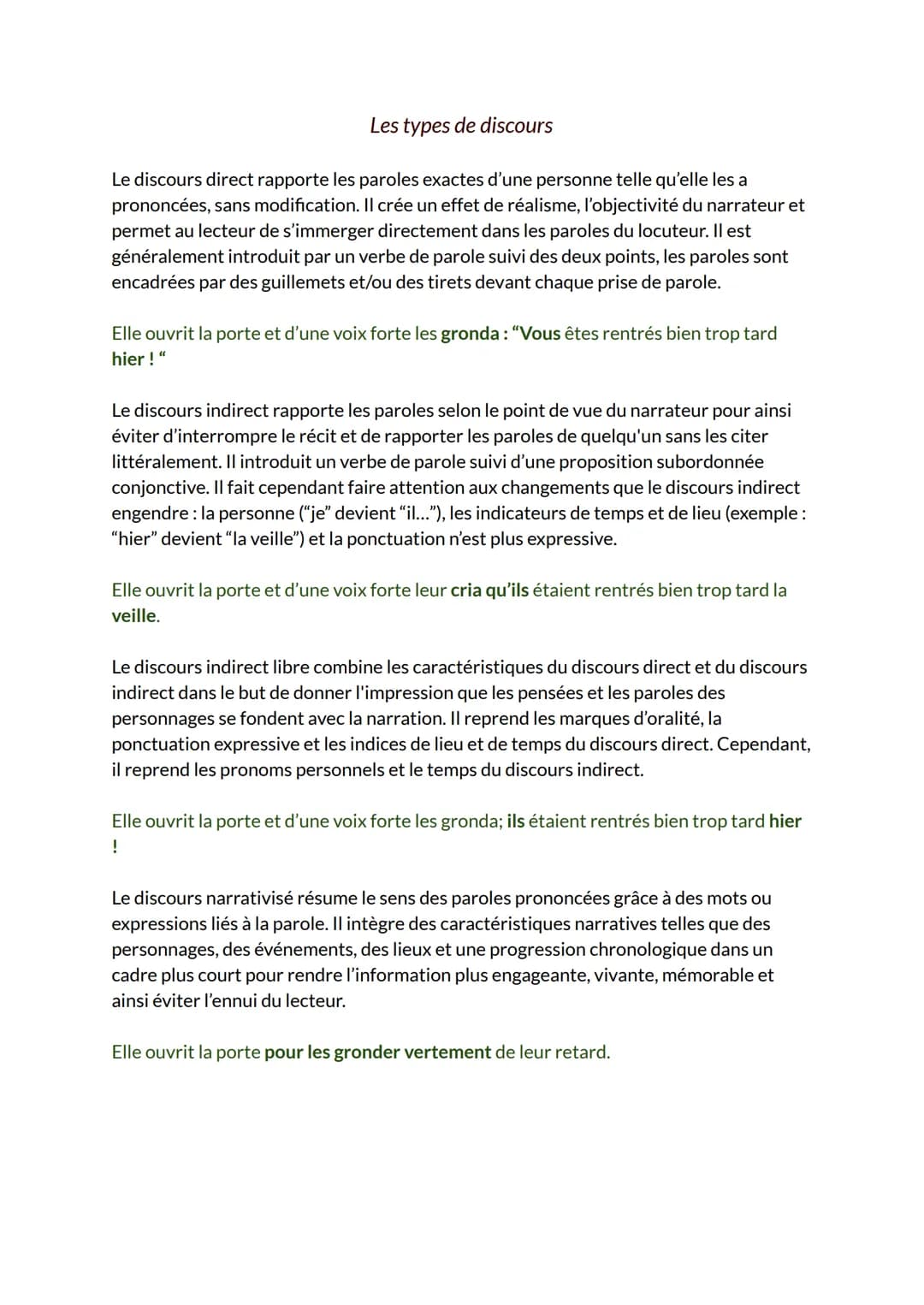 Les types de discours
Le discours direct rapporte les paroles exactes d'une personne telle qu'elle les a
prononcées, sans modification. Il c