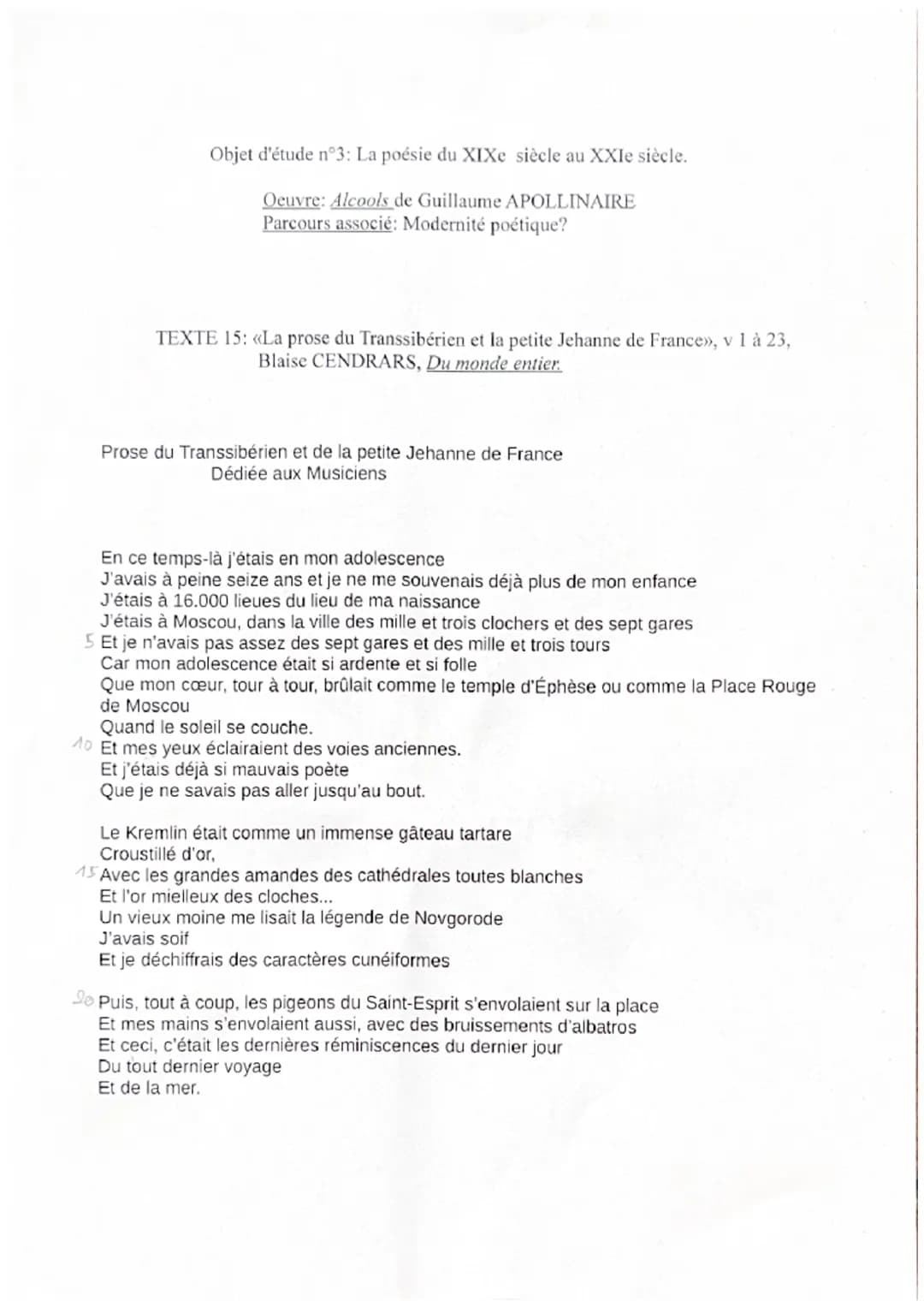 Objet d'étude n°3: La poésie du XIXe siècle au XXIe siècle.
Oeuvre: Alcools de Guillaume APOLLINAIRE
Parcours associé: Modernité poétique?
T