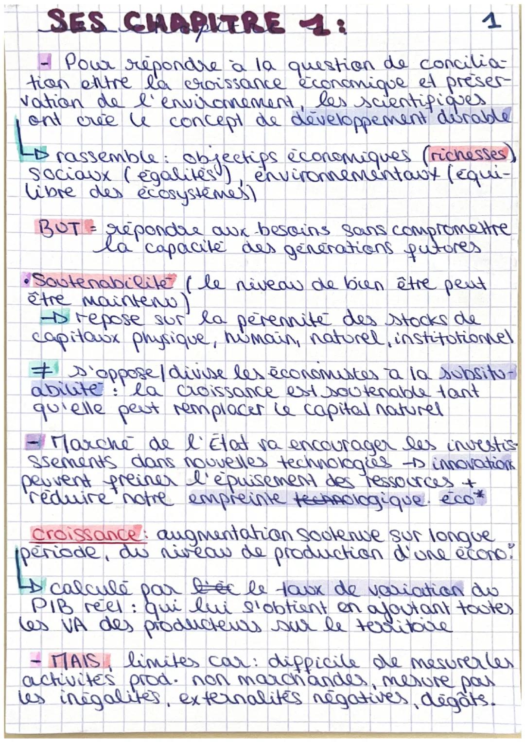 SES CHAPITRE 1:
- Pour répondre à la question de concilia-
tion entre la croissance économique et preser-
vation de l'environnement, les sci