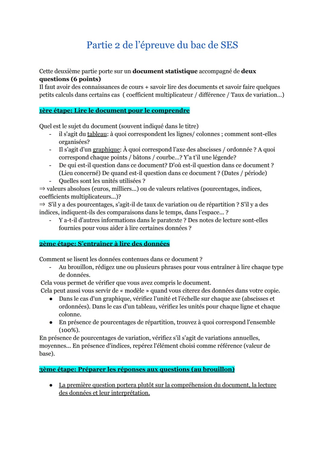 Partie 2 de l'épreuve du bac de SES
Cette deuxième partie porte sur un document statistique accompagné de deux
questions (6 points)
Il faut 